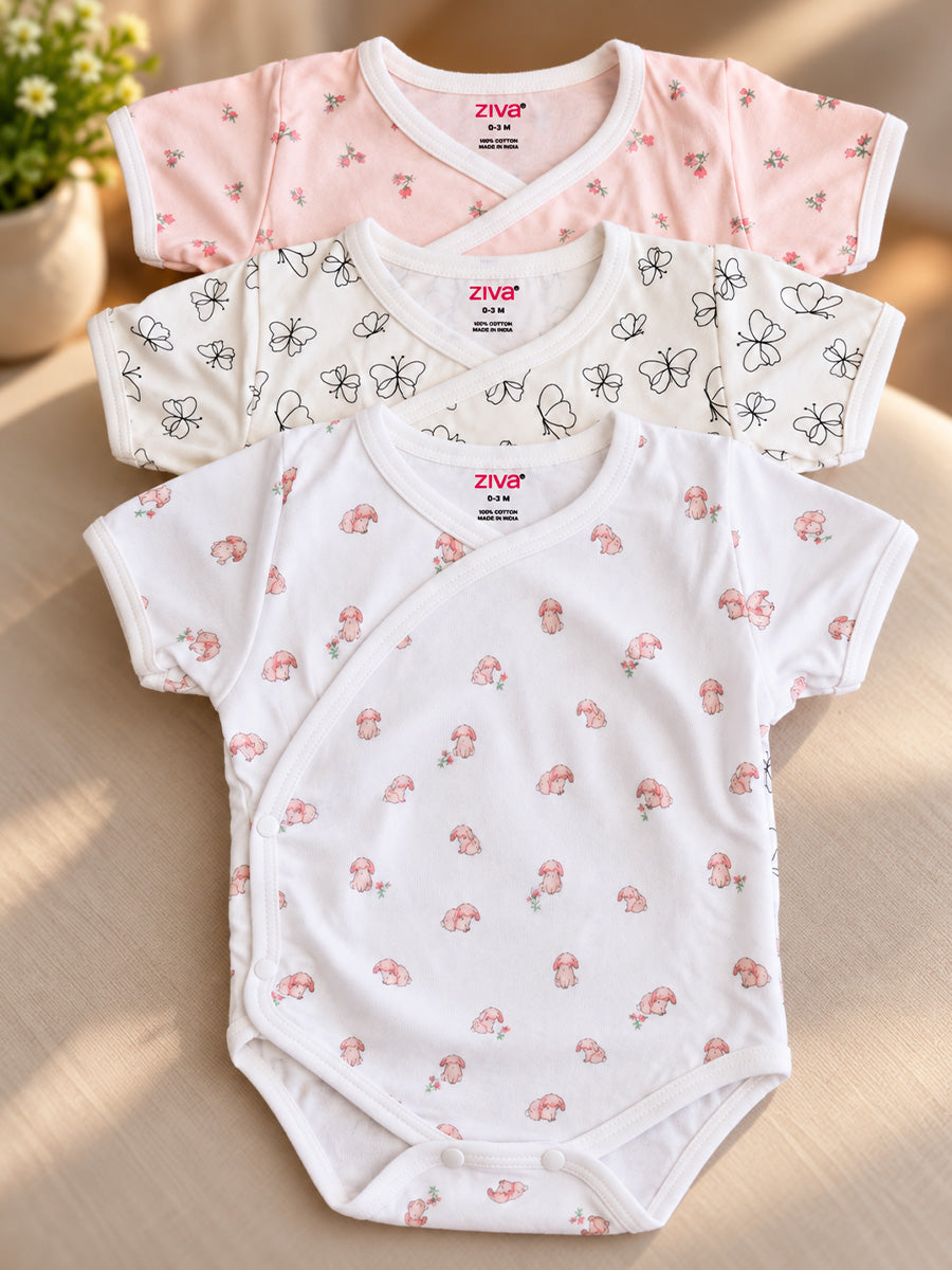Ziva Baby Romper – Premium Knitted Cotton Overlap Style – Pack of 3 | Ivory Butterfly, White Pink Floral & Blush Pink Mini Floral Assorted Prints