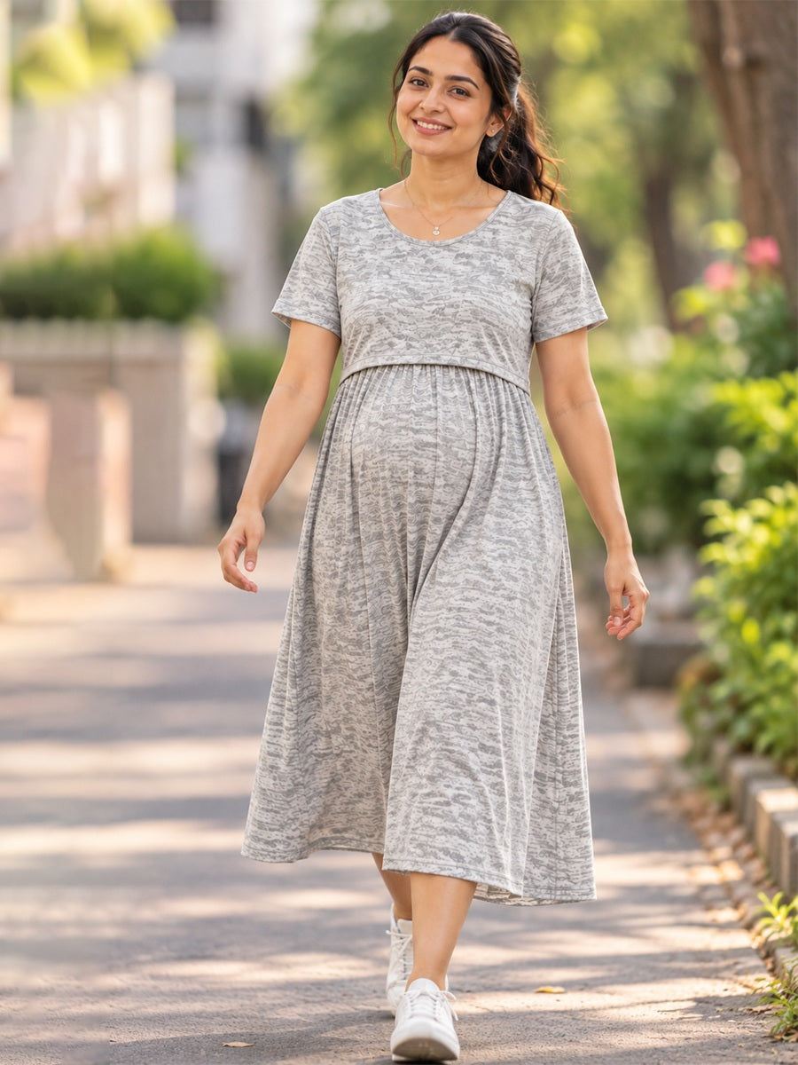 Ziva Zipless Maternity & Feeding Knitted Dress with Adjustable Waist Tie & Side Pocket | Light Grey Mélange