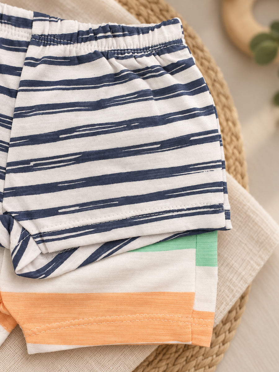 Ziva Baby Premium Knitted Cotton Shorts Combo – Pack of 2 | Navy Stripe & Multicolour Stripe