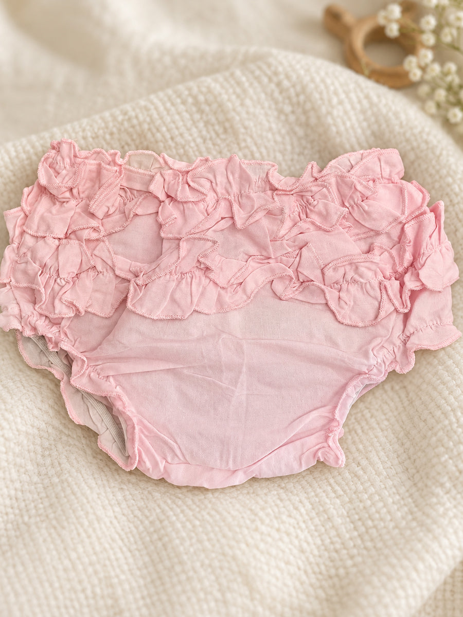 Ziva Baby Girl Cotton Ruffle Top & Bloomer Set – Soft Baby Pink | Cream Lace Detail | 1 Top + 1 Bloomer