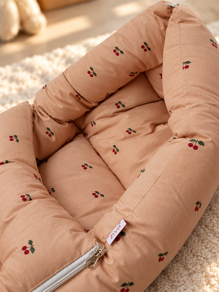 Ziva 3-in-1 Baby Bed – Organic Cotton Carry Nest cum Sleeping Bag (Cherry Print, Brown Colour)