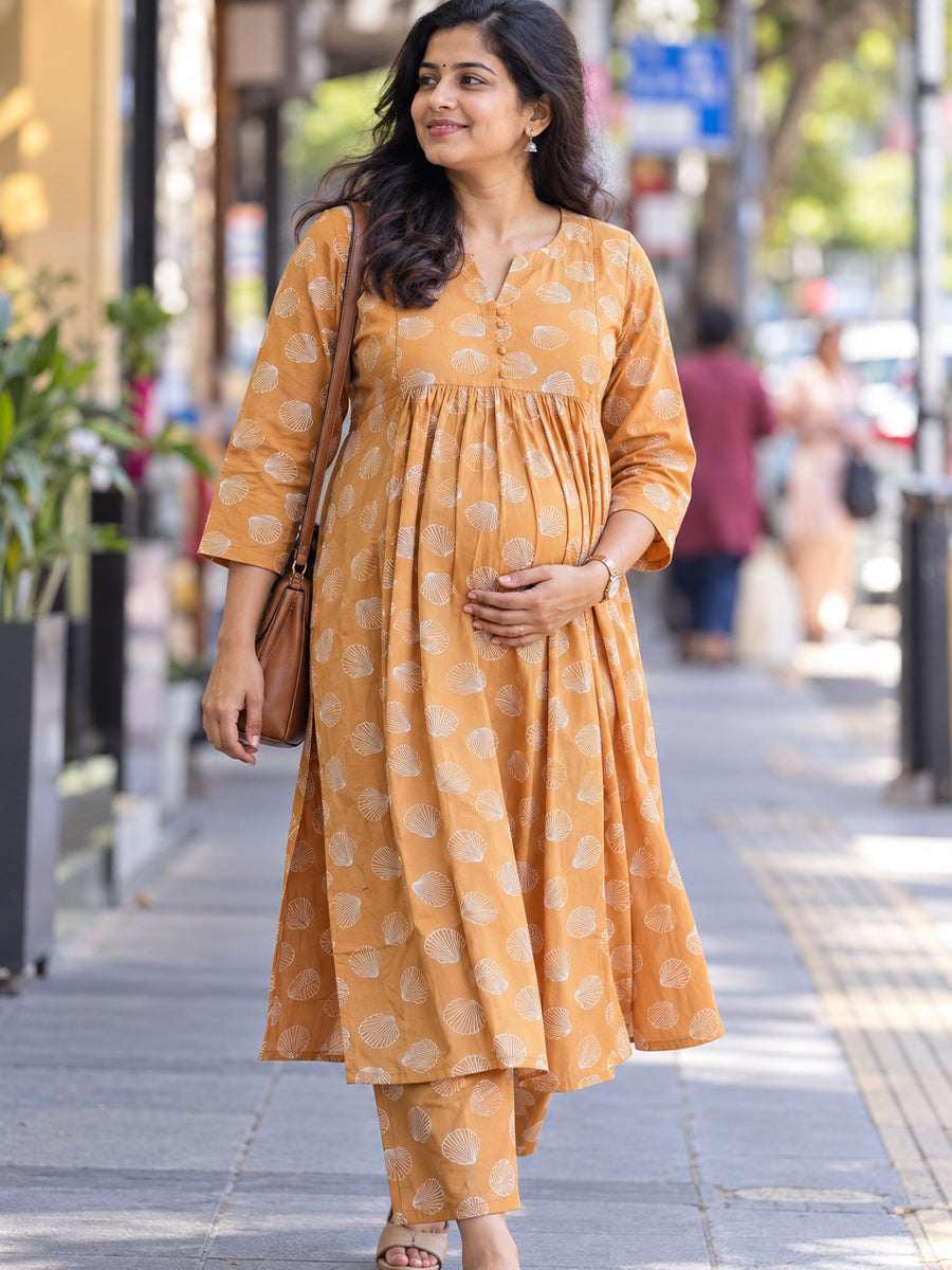 Ziva Maternity & Feeding Cotton Co-ord Set with Side Zips & Pockets – Warm Orange Yellow Seashell Print