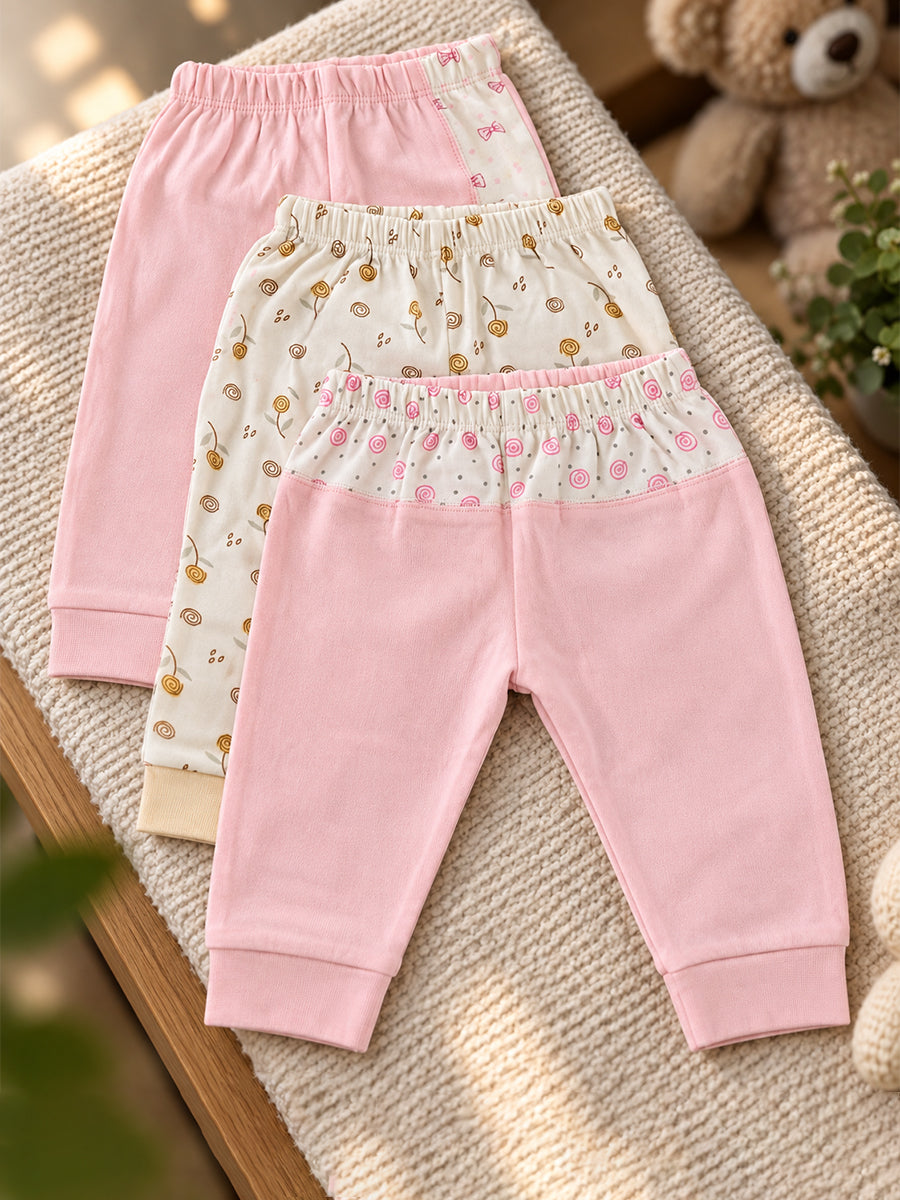 Baby Knitted Cotton Pants Combo – Pack of 3 | Assorted Pink & Floral Print | 3–6 Months | Ziva Collected | Carefully Selected for Your Little One