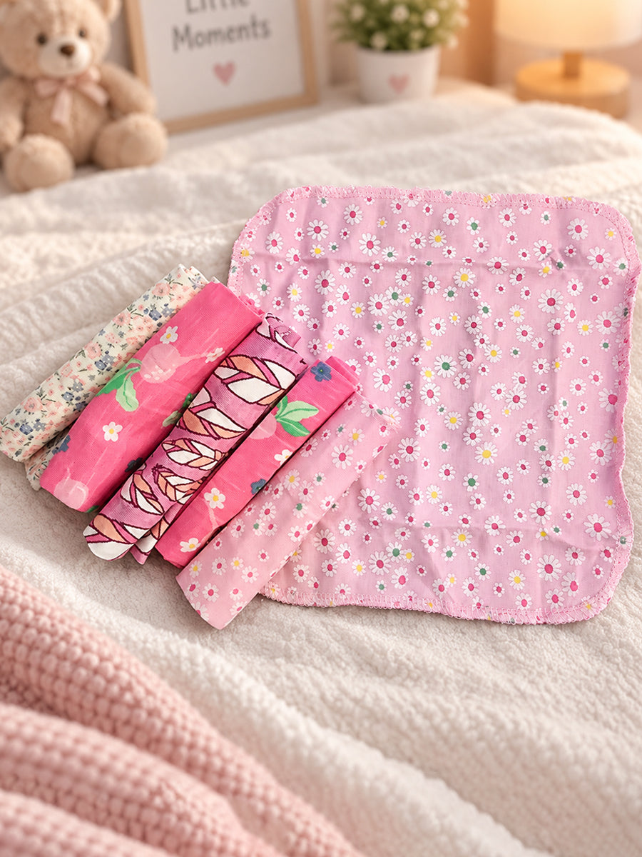 Ziva Baby Premium Knitted Cotton Wipes – Pack of 6 | Assorted Baby Girl Prints (Print Details: Check Product Description)