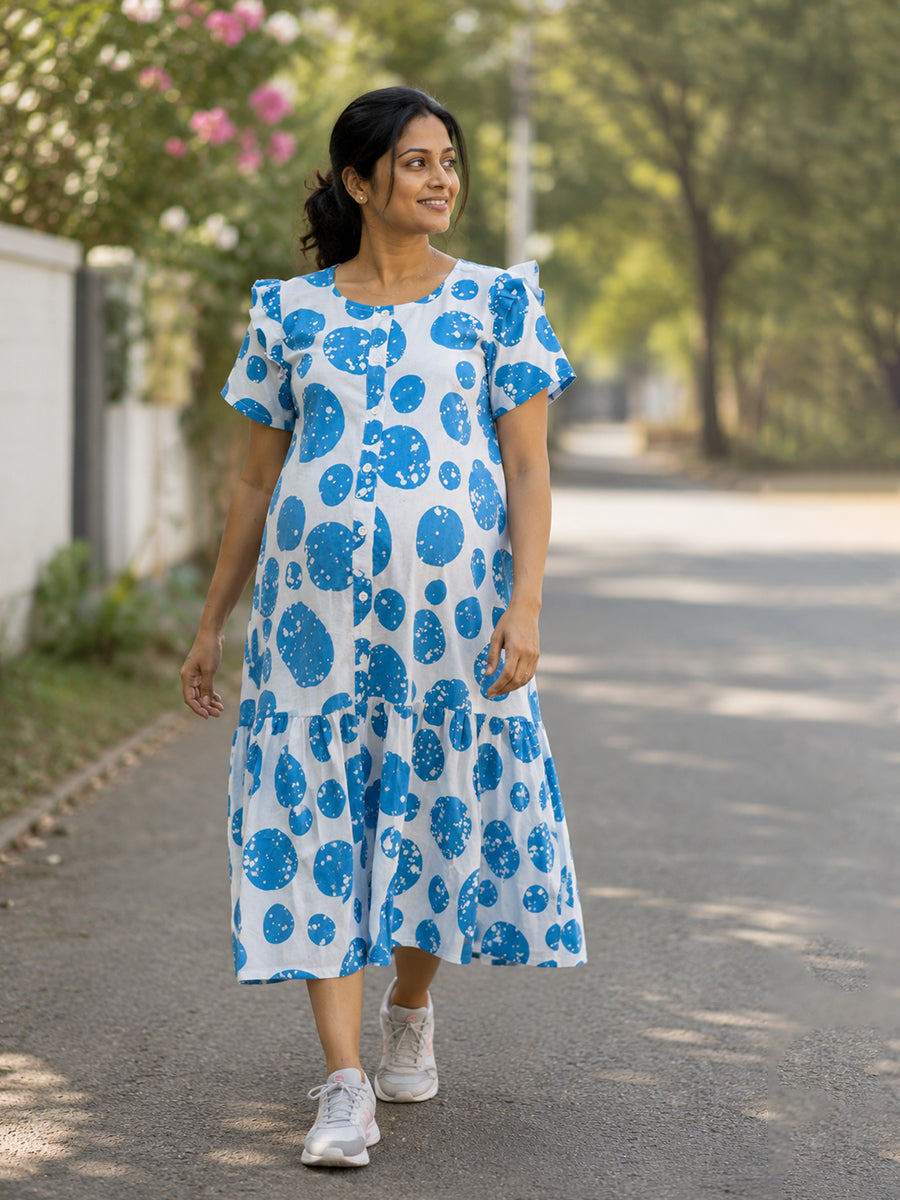 Ziva Maternity & Feeding Cotton Full-Open Short Nighty with Side Pocket – Blue & Off White Irregular Spot Print