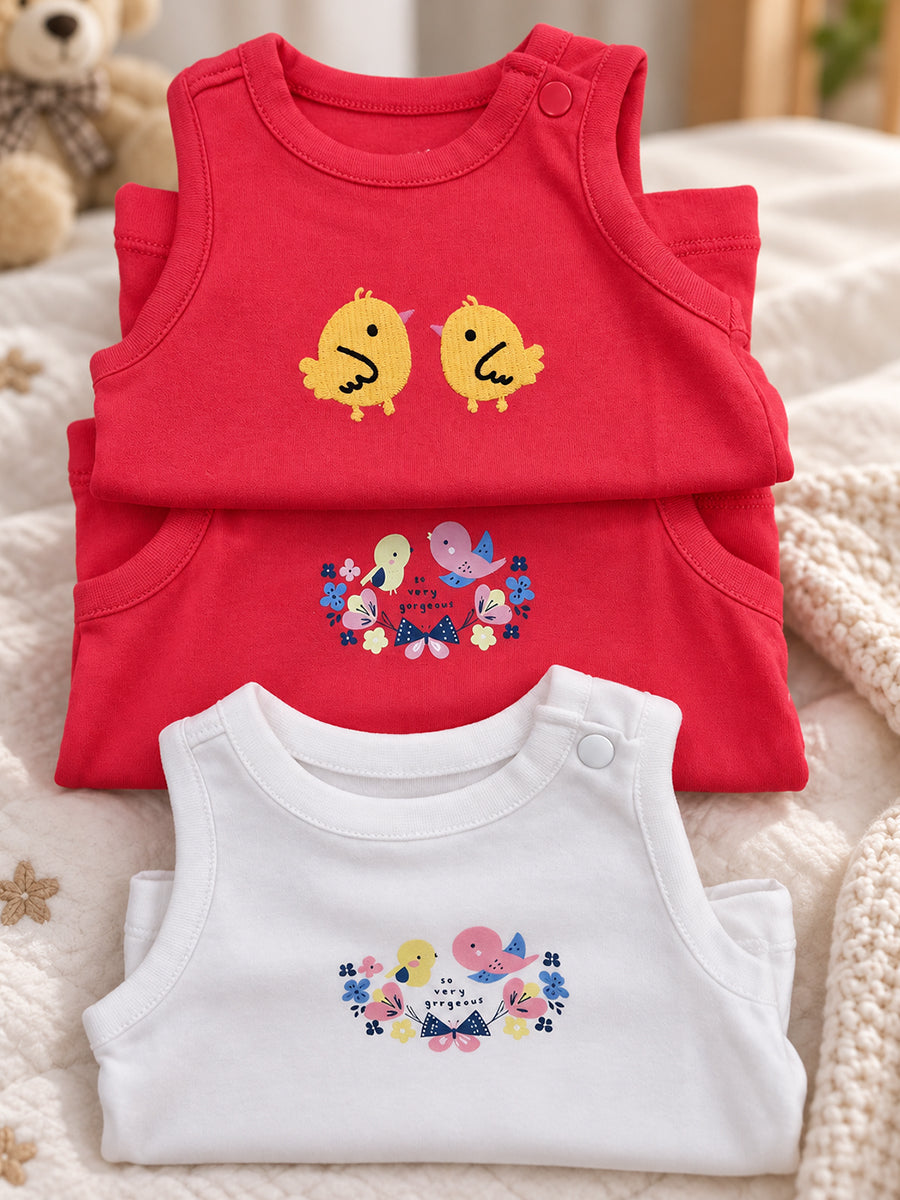 Baby Girls Cotton Sleeveless T-Shirt Combo – Pack of 3 | Assorted Prints | Shoulder Press Buttons | Ziva Collected | Carefully Selected for Your Little One
