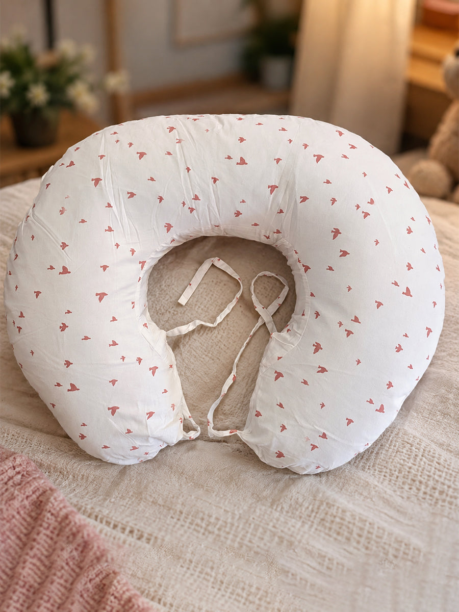 Ziva Multipurpose Feeding Pillow – White with Peach Pink Bird Print | 100% Cotton Cover | Removable & Washable