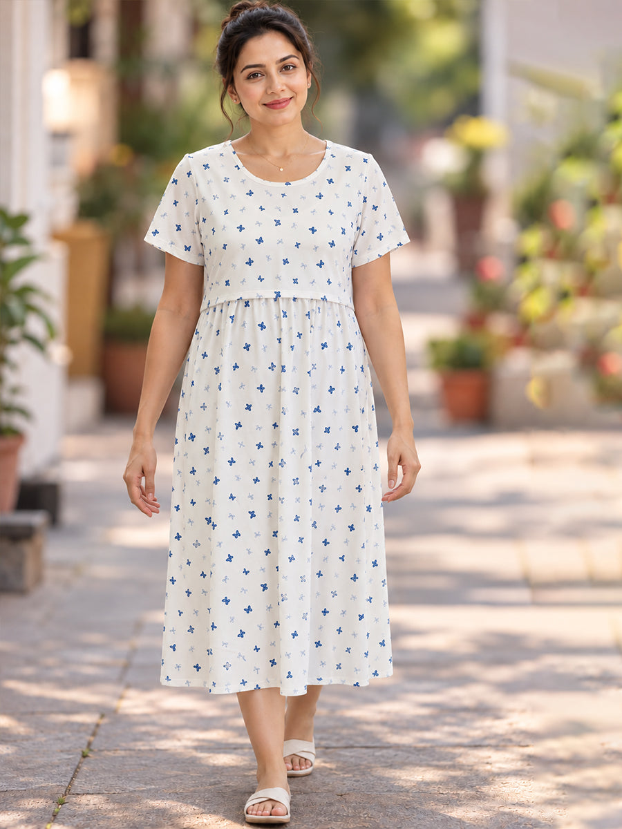 Ziva Zipless Maternity & Feeding Knitted Dress with Adjustable Waist Tie & Side Pocket | Off-White Blue Butterfly & Bow Print