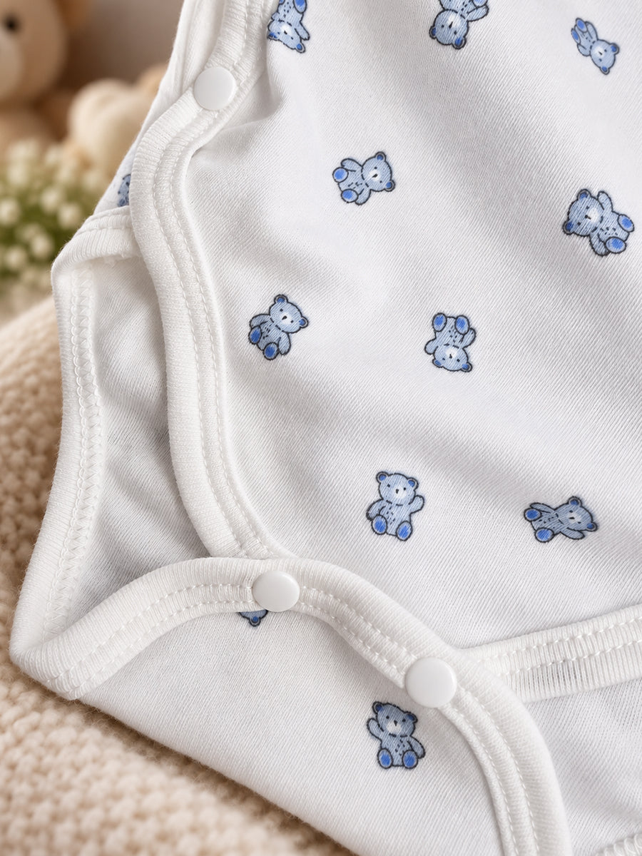 Ziva Baby Premium Knitted Cotton Overlap Romper – Pack of 3 | Grey Multicolour Car, Baby Blue Tiny Star & White Teddy Bear Assorted Prints | Newborn