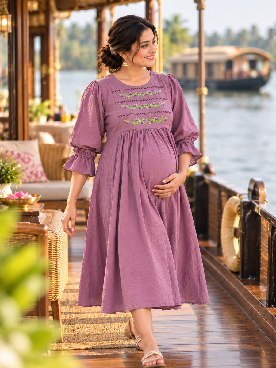 Ziva Premium Crinkle Viscose Maternity & Feeding Occasion Dress with Hand-Embroidered Yoke & Adjustable Puff Sleeves | Dusty Lavender