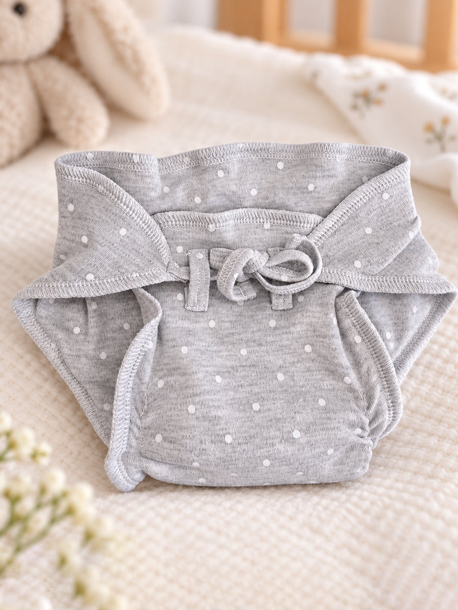 Ziva Newborn Knitted Cotton Front Open Tie Jabla with Tie Nappy – Heather Grey Polka Dot