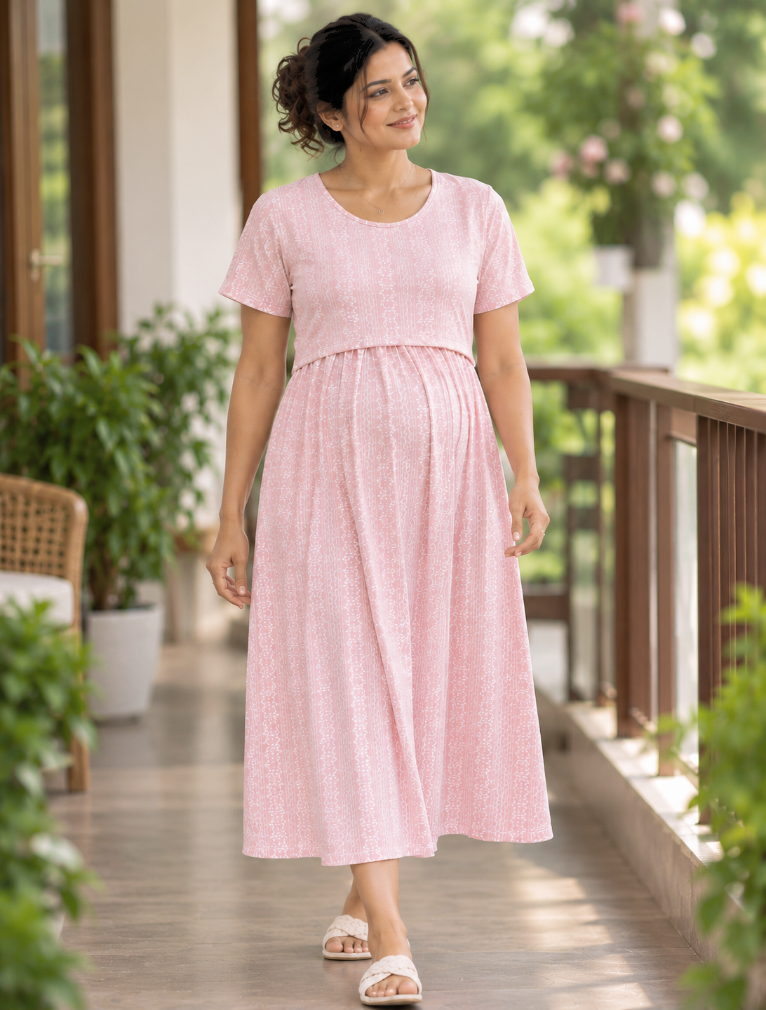 Ziva Zipless Maternity & Feeding Knitted Dress with Adjustable Waist Tie & Side Pocket | Soft Baby Pink Botanical & Ornamental Stripe Print