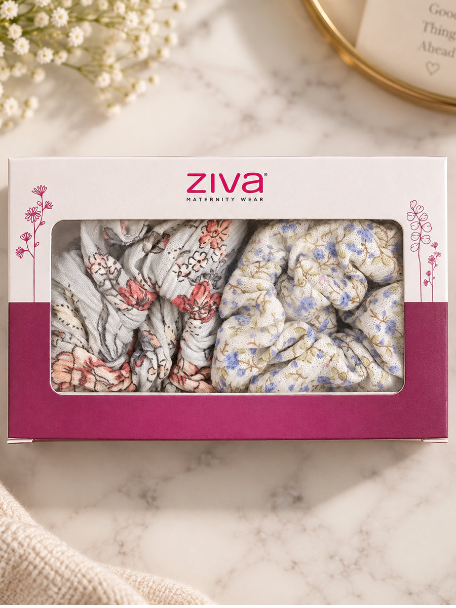 Ziva Moms Floral Hair Scrunchies – Vintage Rose & Blue Blossom – 2 Piece Combo