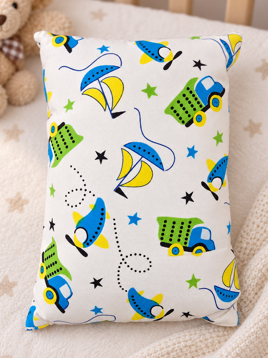 Ziva Baby Pillow with Cotton Cloth Cover – Multicolour Transport Print | Lightweight Soft-Filled Inner Cushion
