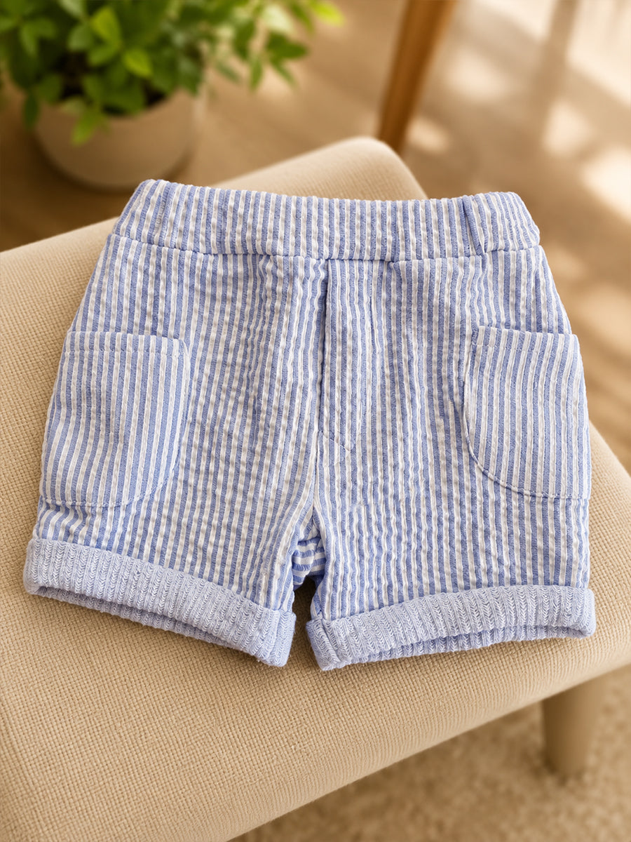 Ziva Premium Knitted Cotton Baby Co-Ord Set – Collar Neck Shirt & Elastic Waist Shorts | Blue & White Pinstripe