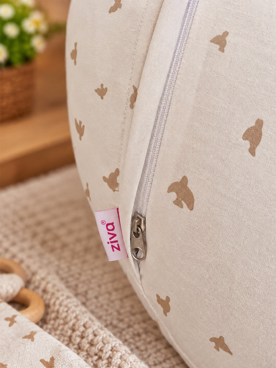 Ziva Multipurpose Feeding Pillow – White with Warm Beige Bird Print | 100% Cotton Cover | Removable & Washable