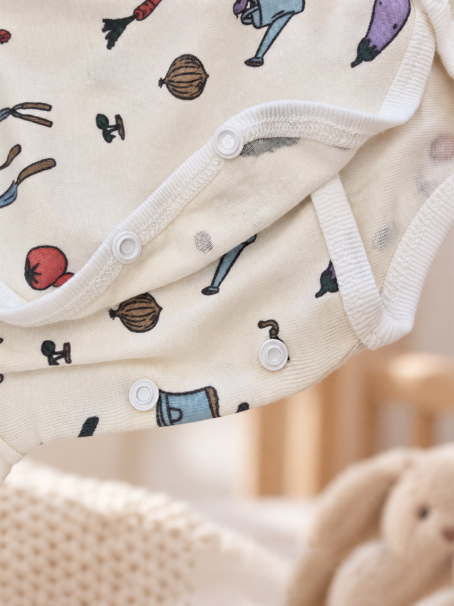 Ziva Baby Premium Knitted Cotton Overlap Romper – Pack of 3 | Baby Blue Teddy Bear, Cream Tiny Mouse & Garden Vegetable Assorted Prints