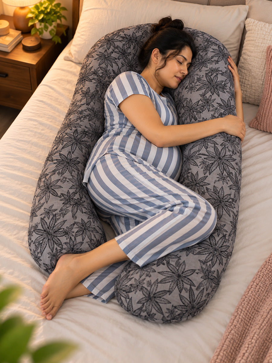 Ziva Multipurpose Pregnancy Pillow / Maternity Pillow / Body Pillow – U Shape – Grey & Black Botanical Leaf Print | Velvet Fabric