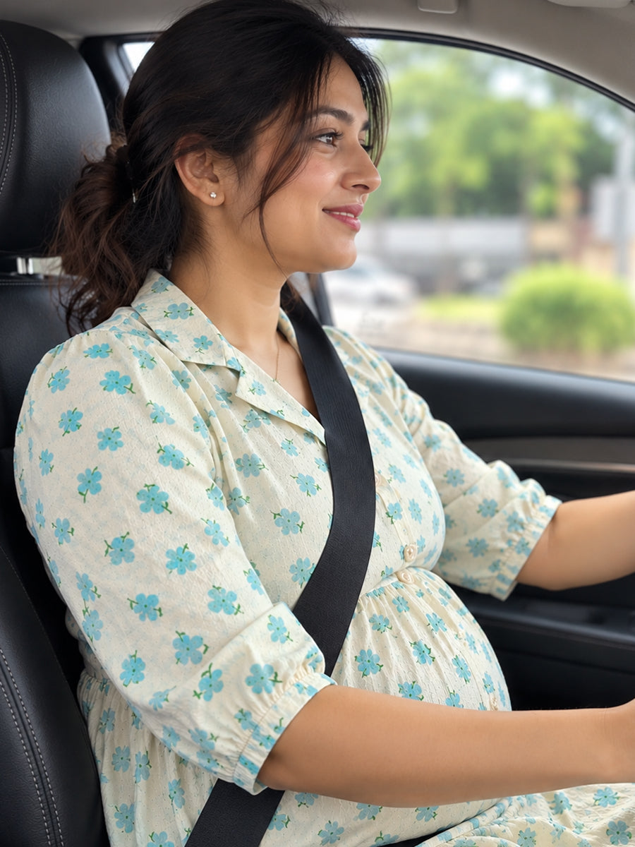 Ziva Premium Cotton Seersucker Maternity & Feeding Dress with Notched Collar, Concealed Zips & Side Pocket | Soft Cream Aqua Blue Floral