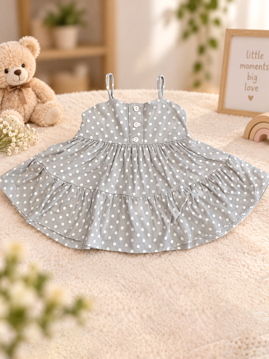 Ziva Baby Girl Strappy Frock with Pantie – Soft Grey White Polka Dot Print | Premium Knitted Cotton | Two-Tier Frill & Front Buttons | 2-Piece Set
