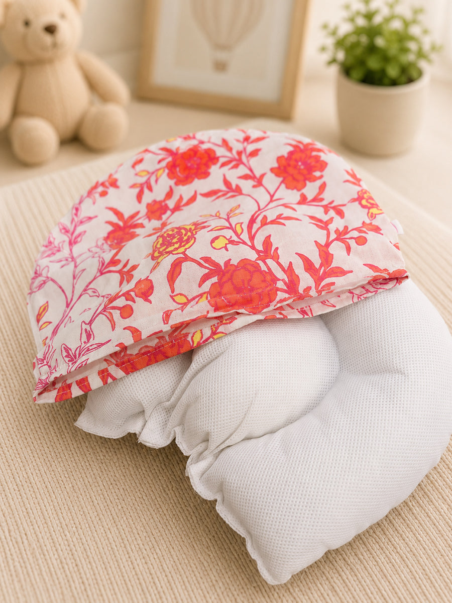 Ziva Baby Ergonomic Head Support Pillow | White with Orange Floral Print | Soft Cotton Cover