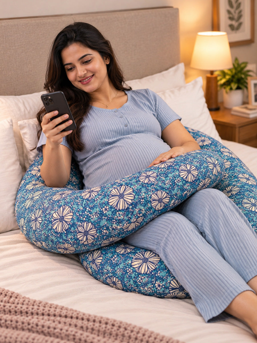 Ziva Multipurpose Pregnancy Pillow / Maternity Pillow / Body Pillow – 9 Shape (C Shape) – Blue Floral Print | 100% Cotton