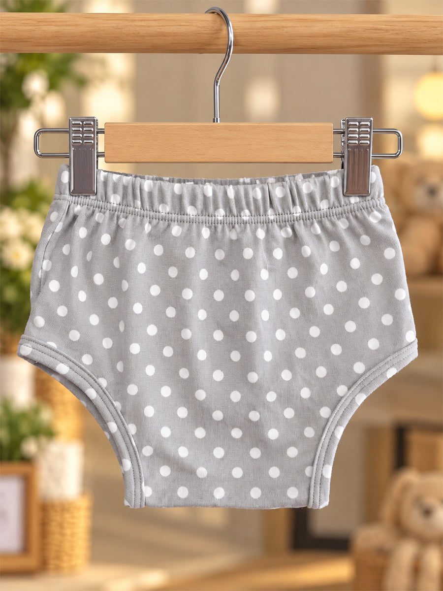 Ziva Baby Girl Strappy Frock with Pantie – Soft Grey White Polka Dot Print | Premium Knitted Cotton | Two-Tier Frill & Front Buttons | 2-Piece Set