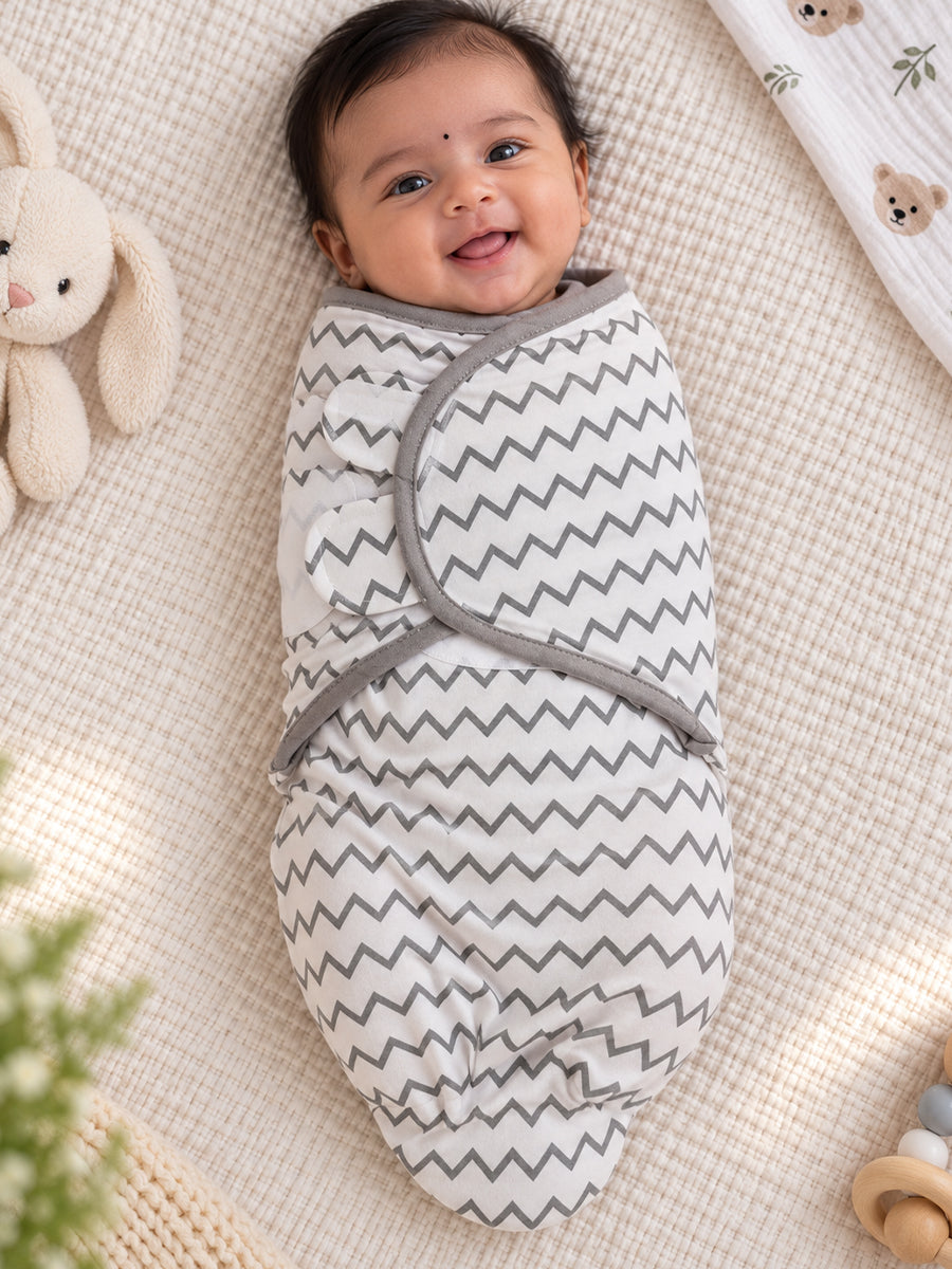 Baby Knitted Cotton Velcro Swaddle – White with Grey Zigzag Print | Adjustable Velcro Closure | Ziva Collected | Carefully Selected for Your Little One