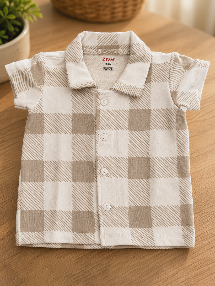 Ziva Premium Knitted Cotton Baby Co-Ord Set – Collar Neck Shirt & Elastic Waist Shorts | Cream & Grey Gingham Print