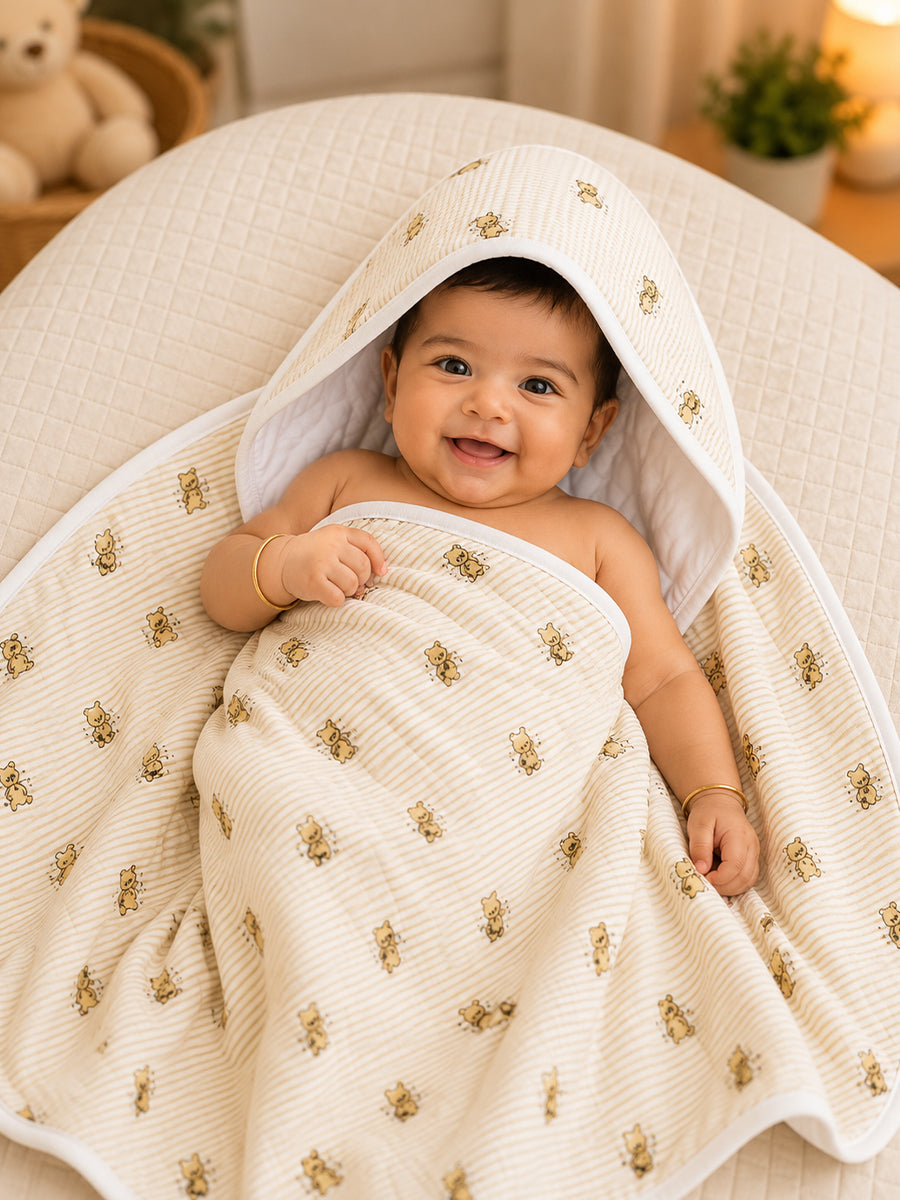 Ziva Premium Quilted Hooded Baby Towel | Off White & Light Yellow | Classic Winnie the Pooh Print | Soft, Absorbent & Quick Dry