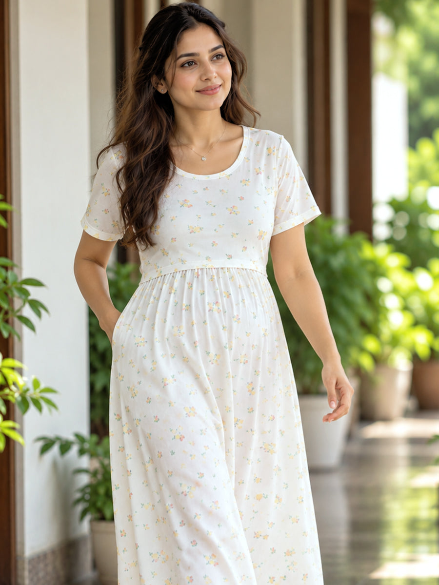 Ziva Zipless Maternity & Feeding Knitted Dress with Adjustable Waist Tie & Side Pocket | Soft Off-White Lemon Yellow Tiny Floral Print