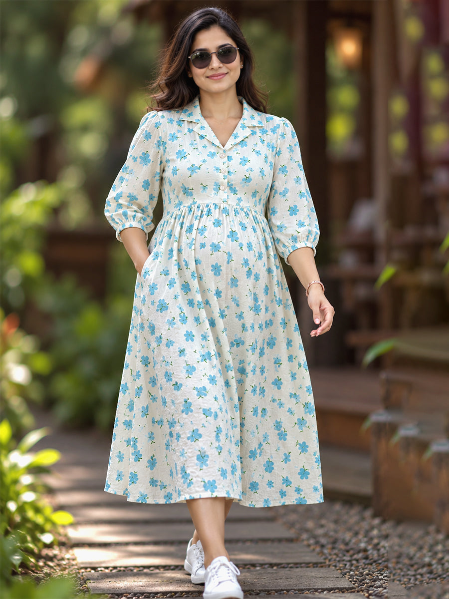 Ziva Premium Cotton Seersucker Maternity & Feeding Dress with Notched Collar, Concealed Zips & Side Pocket | Soft Cream Aqua Blue Floral