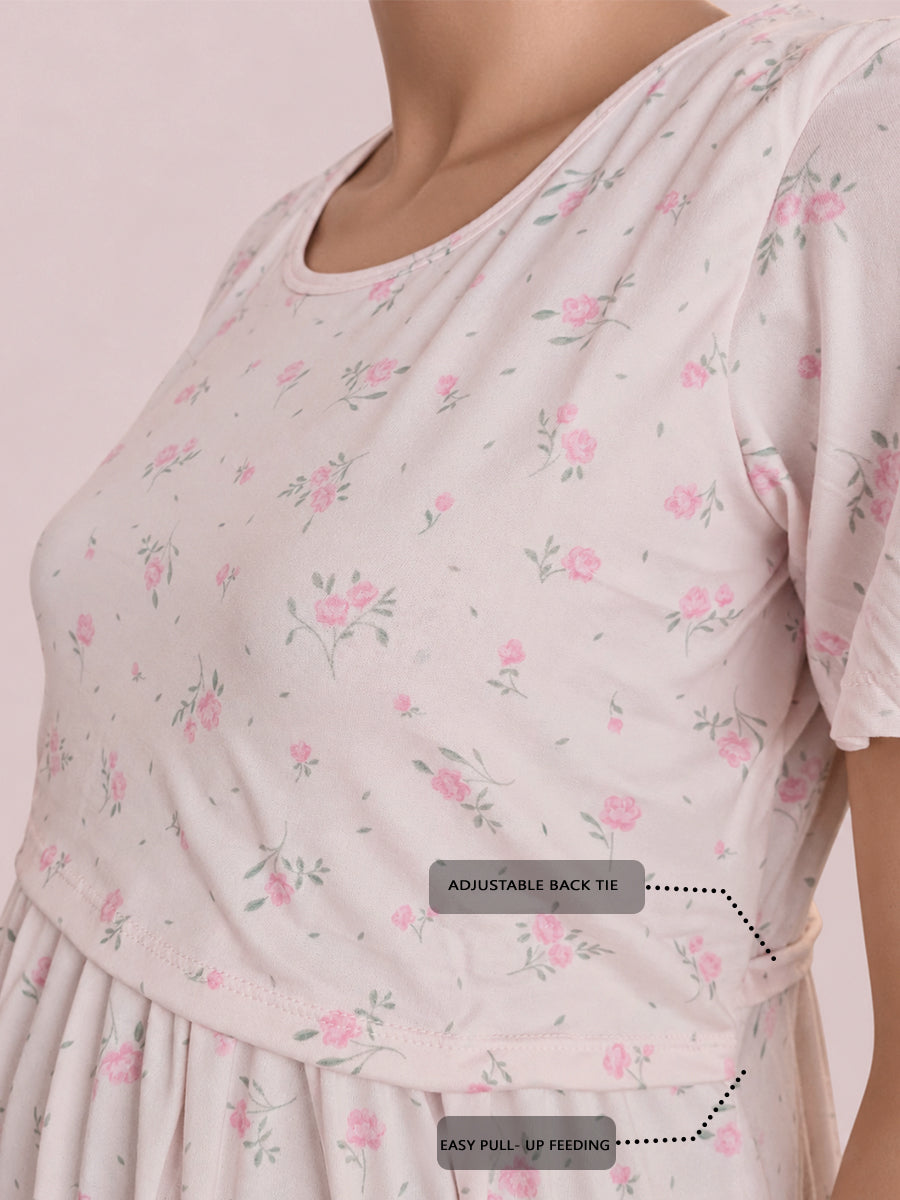 Ziva Zipless Maternity & Feeding Knitted Dress with Adjustable Back Tie & Side Pocket | Creamy Blush Pink Mini Rose Floral