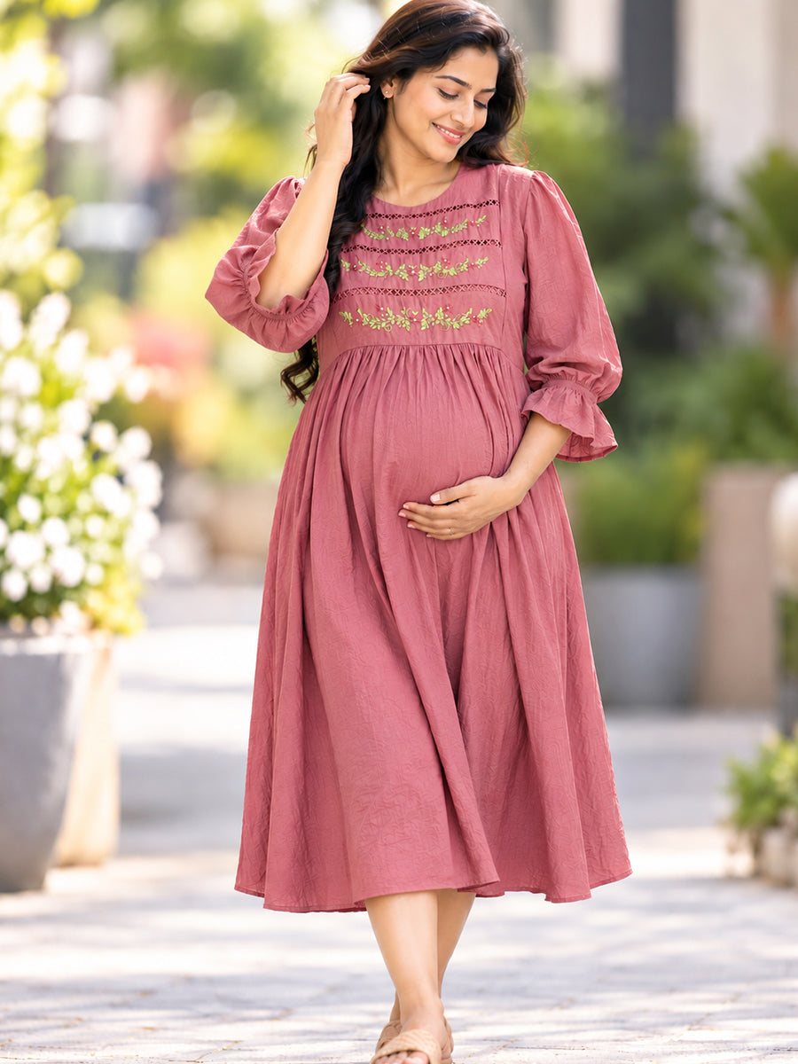 Ziva Premium Crinkle Viscose Maternity & Feeding Occasion Dress with Hand-Embroidered Yoke & Adjustable Puff Sleeves | Dusty Rose