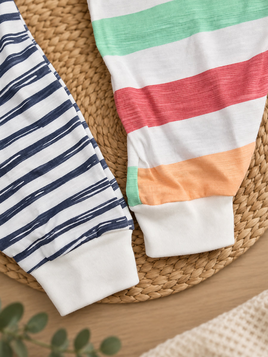 Ziva Baby Premium Knitted Cotton Pants Combo – Pack of 2 | Navy Stripe & Multicolour Stripe