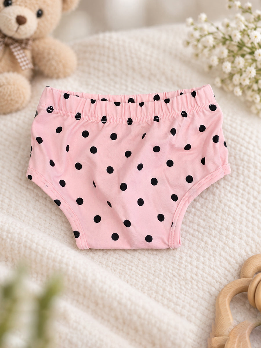 Ziva Baby Girl Strappy Frock with Pantie – Blush Pink Black Polka Dot Print | Premium Knitted Cotton | Tiered Frill & Front Buttons | 2-Piece Set