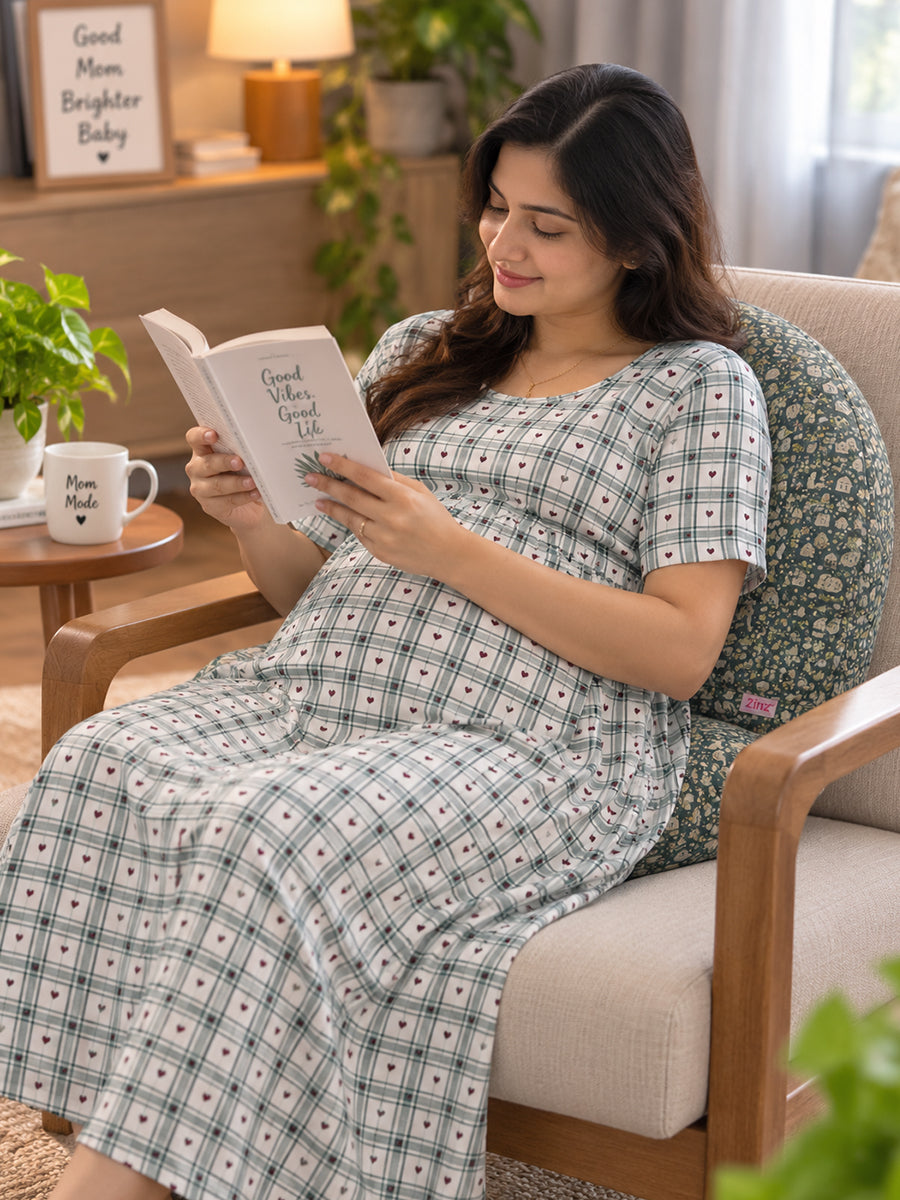 Ziva Multipurpose Belly Pillow / Butterfly Pregnancy Pillow / Maternity Pillow – Dual Back & Belly Support – Grey & Mint Tiny Essentials Print | 100% Cotton