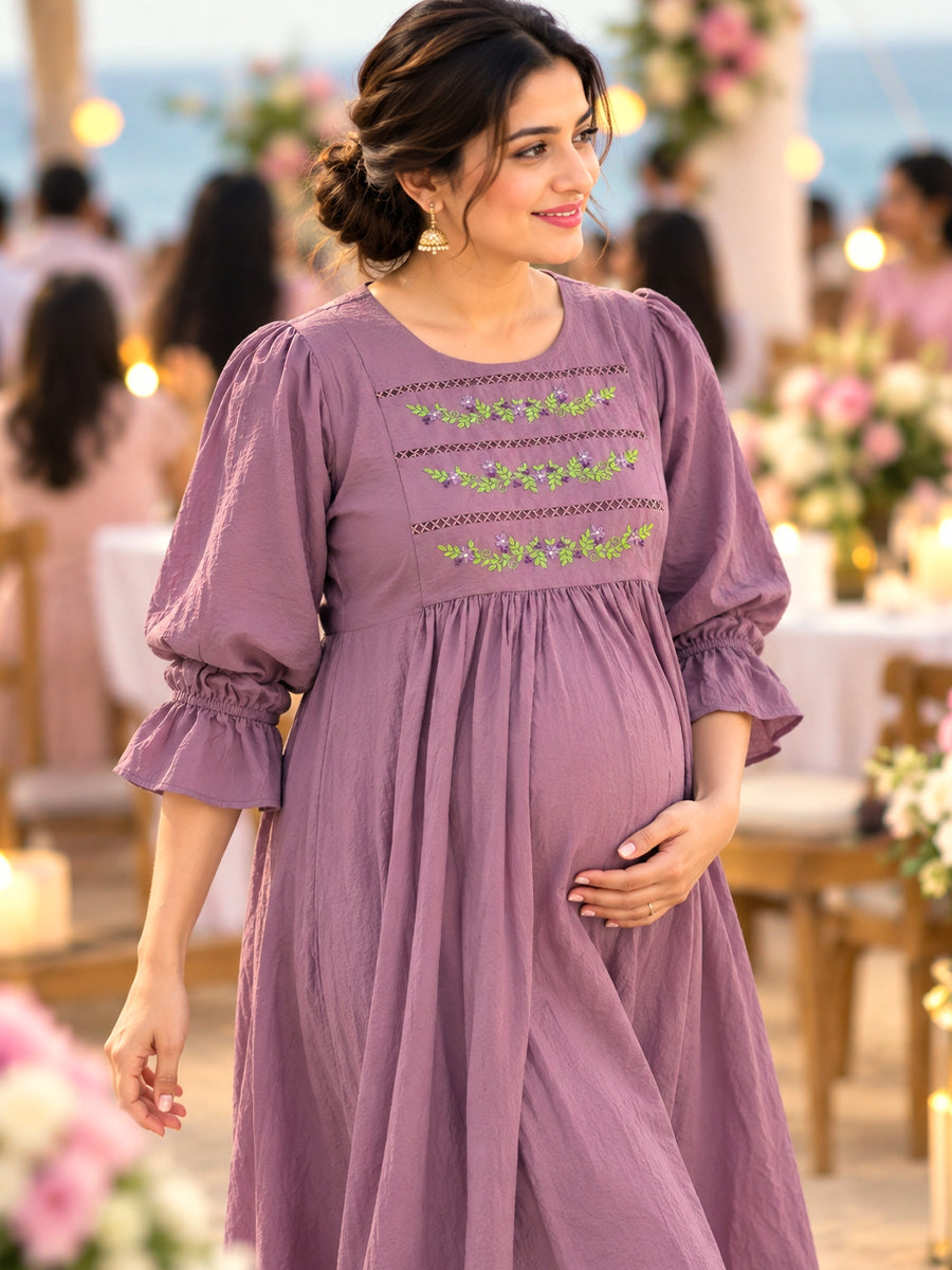 Ziva Premium Crinkle Viscose Maternity & Feeding Occasion Dress with Hand-Embroidered Yoke & Adjustable Puff Sleeves | Dusty Lavender