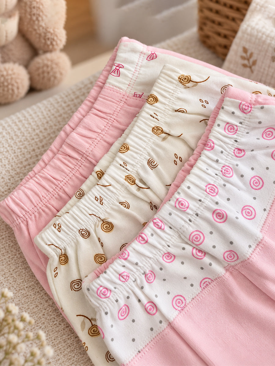 Baby Knitted Cotton Pants Combo – Pack of 3 | Assorted Pink & Floral Print | 3–6 Months | Ziva Collected | Carefully Selected for Your Little One