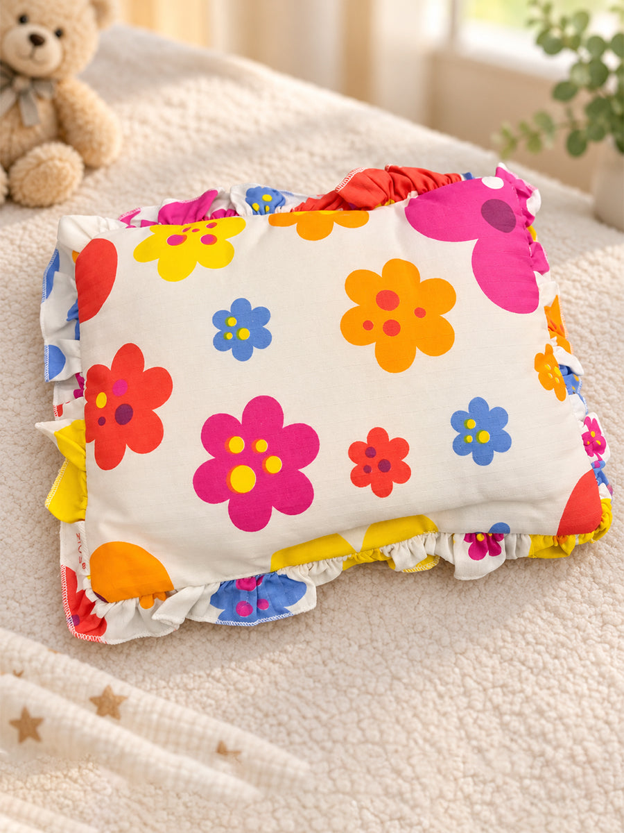 Ziva Baby Pillow with Cotton Cloth Cover – Multicolour Floral Print | Side Frill Detail | Lightweight Soft-Filled Inner Cushion