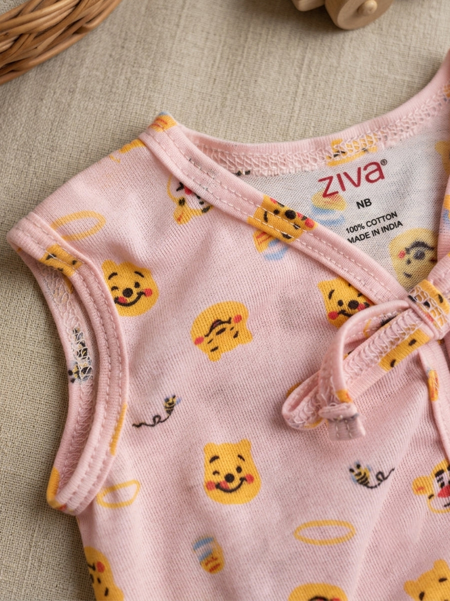 Ziva Newborn Knitted Cotton Front Open Tie Jabla with Light Padded Tie Nappy – Blush Pink Cute Bear Print | 1 Jabla + 1 Nappy