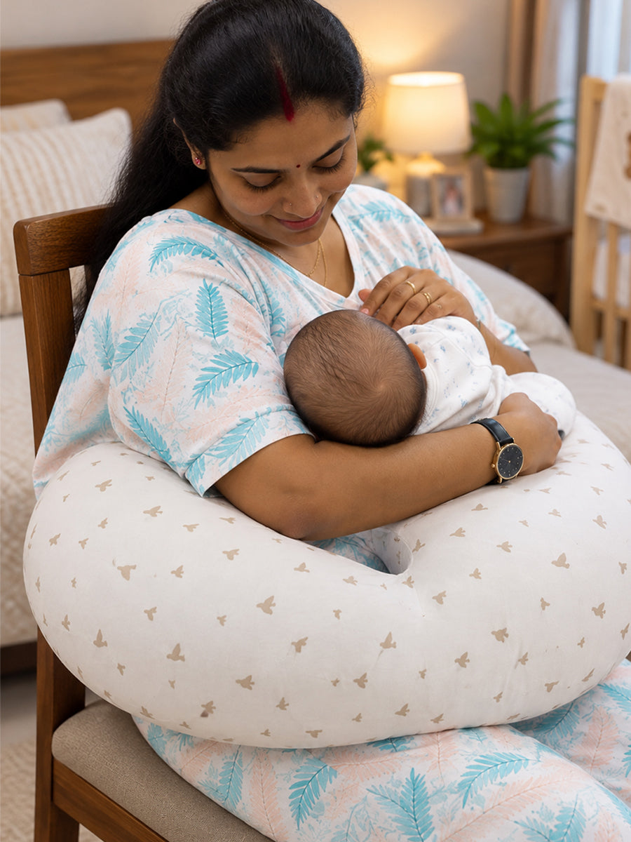 Ziva Multipurpose Feeding Pillow – White & Peach Pink with Reversible Bird Print | 100% Cotton Cover | Removable & Washable