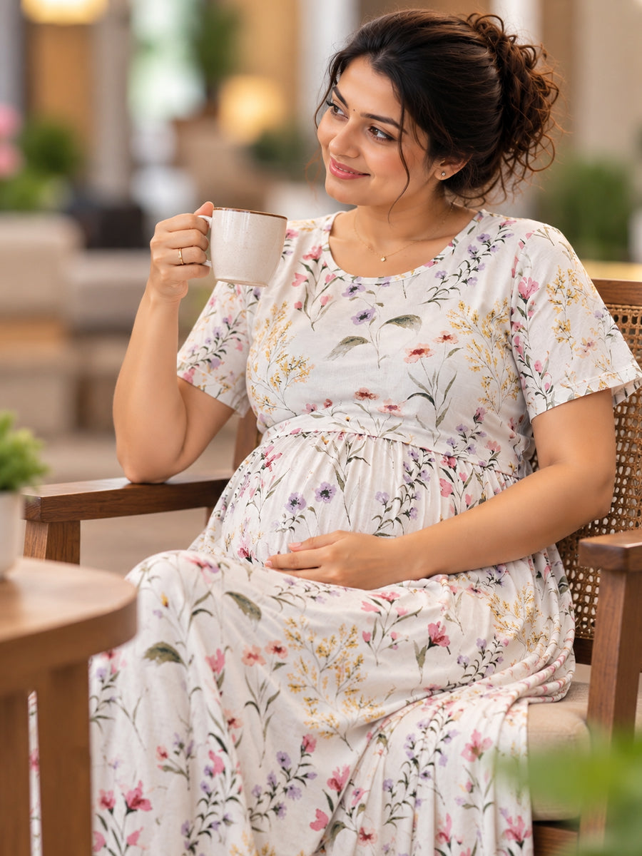 Ziva Zipless Maternity & Feeding Knitted Dress with Adjustable Waist Tie & Side Pocket | Soft Off-White Multicolour Botanical Floral Print