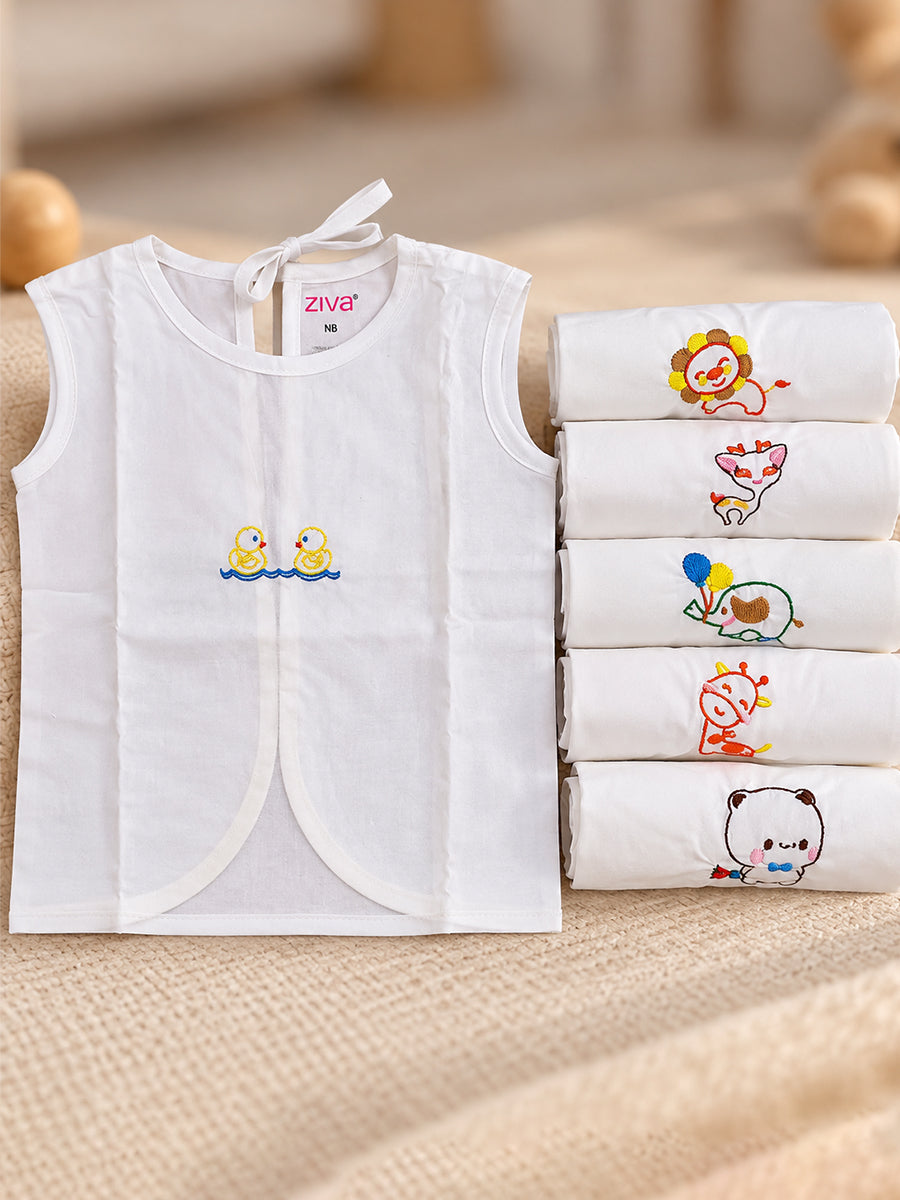 Ziva Premium Cotton Embroidery Jabla – Back Tie Newborn Baby Wear | Cute Animal Embroidery | 6 Pieces