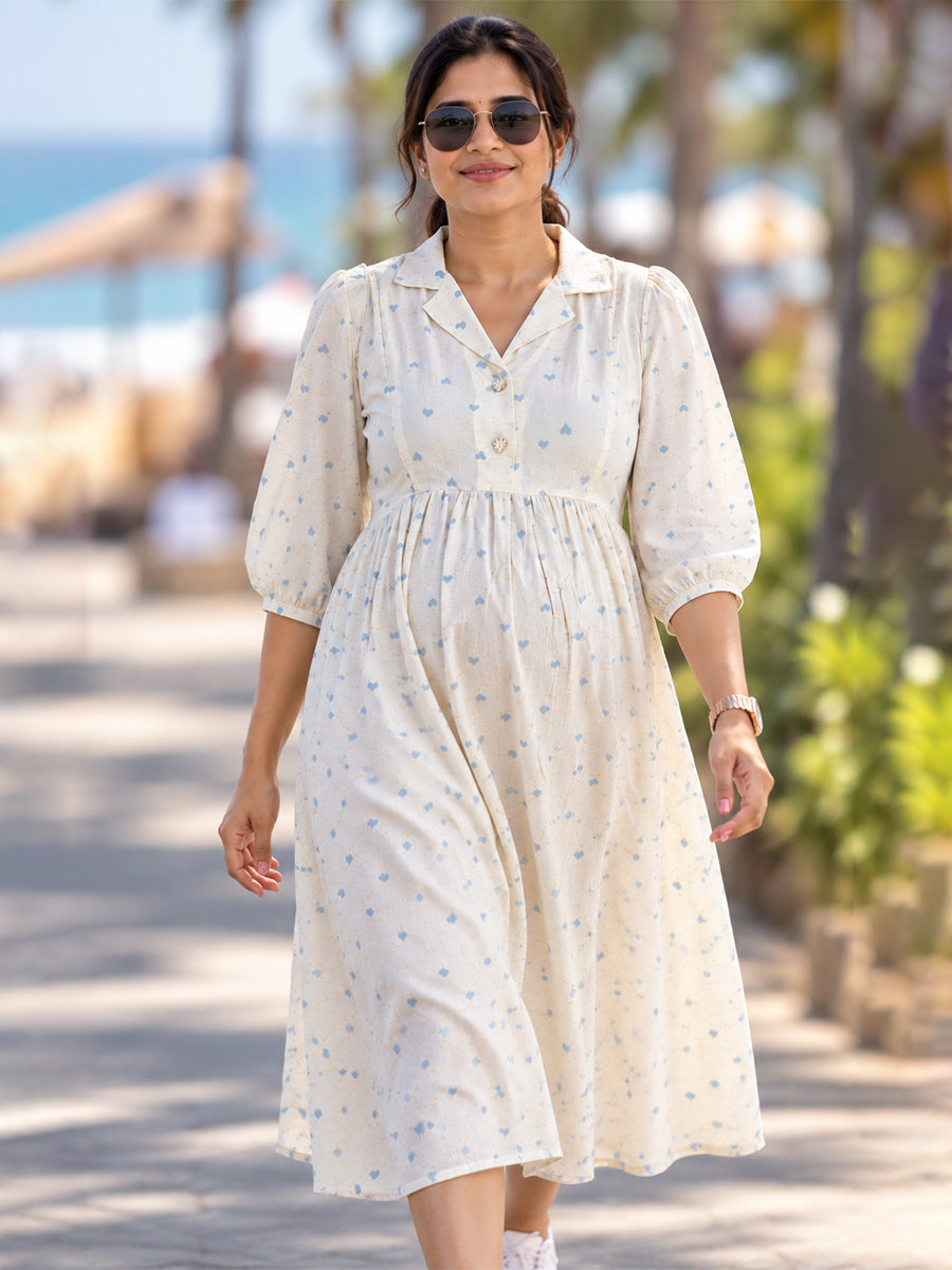 Ziva Premium Viscose Linen Maternity & Feeding Dress with Notched Collar, Concealed Zips & Side Pocket | Soft Cream Aqua Blue Heart Print