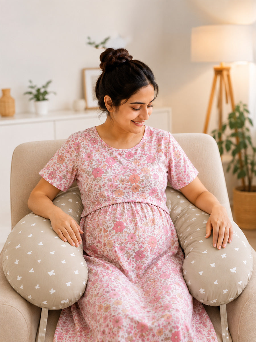 Ziva Multipurpose Feeding Pillow – Warm Beige with White Bird Print | 100% Cotton Cover | Removable & Washable