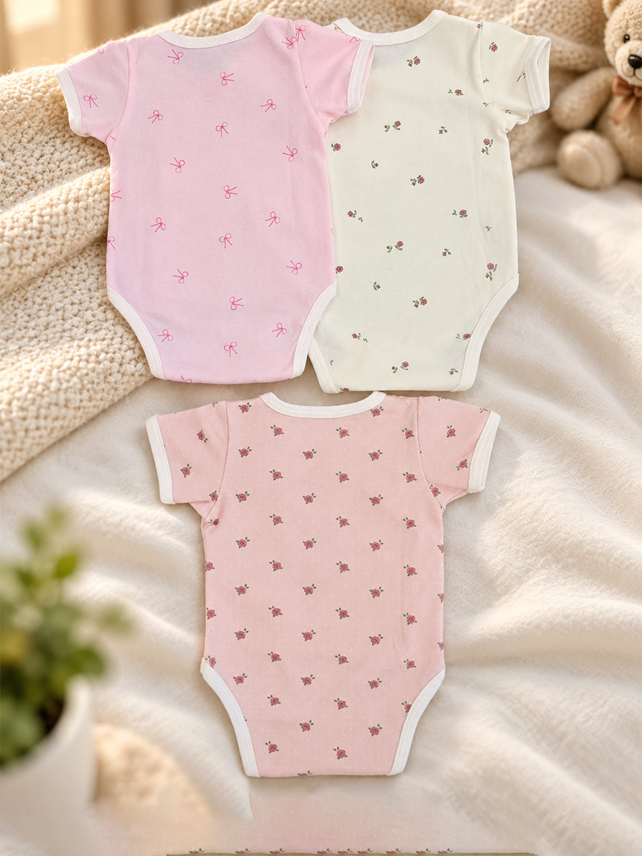 Ziva Baby Premium Knitted Cotton Overlap Romper – Pack of 3 | Ivory Mini Rose, Blush Pink Rose Dot & Baby Pink Bow Assorted Prints