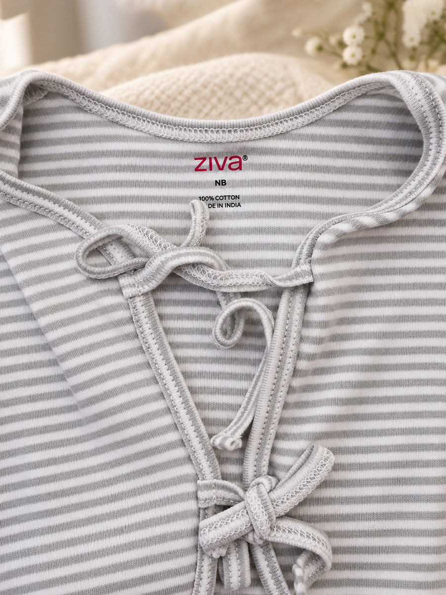 Ziva Newborn Knitted Cotton Front Open Tie Jabla with Light Padded Tie Nappy – Pastel Green Stripe | 1 Jabla + 1 Nappy