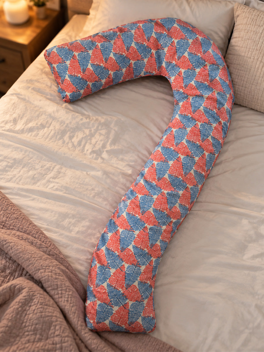 Ziva Multipurpose Pregnancy Pillow / Maternity Pillow / Body Pillow – 7 Shape (J Shape) – Red & Blue Leaf Print | 100% Cotton