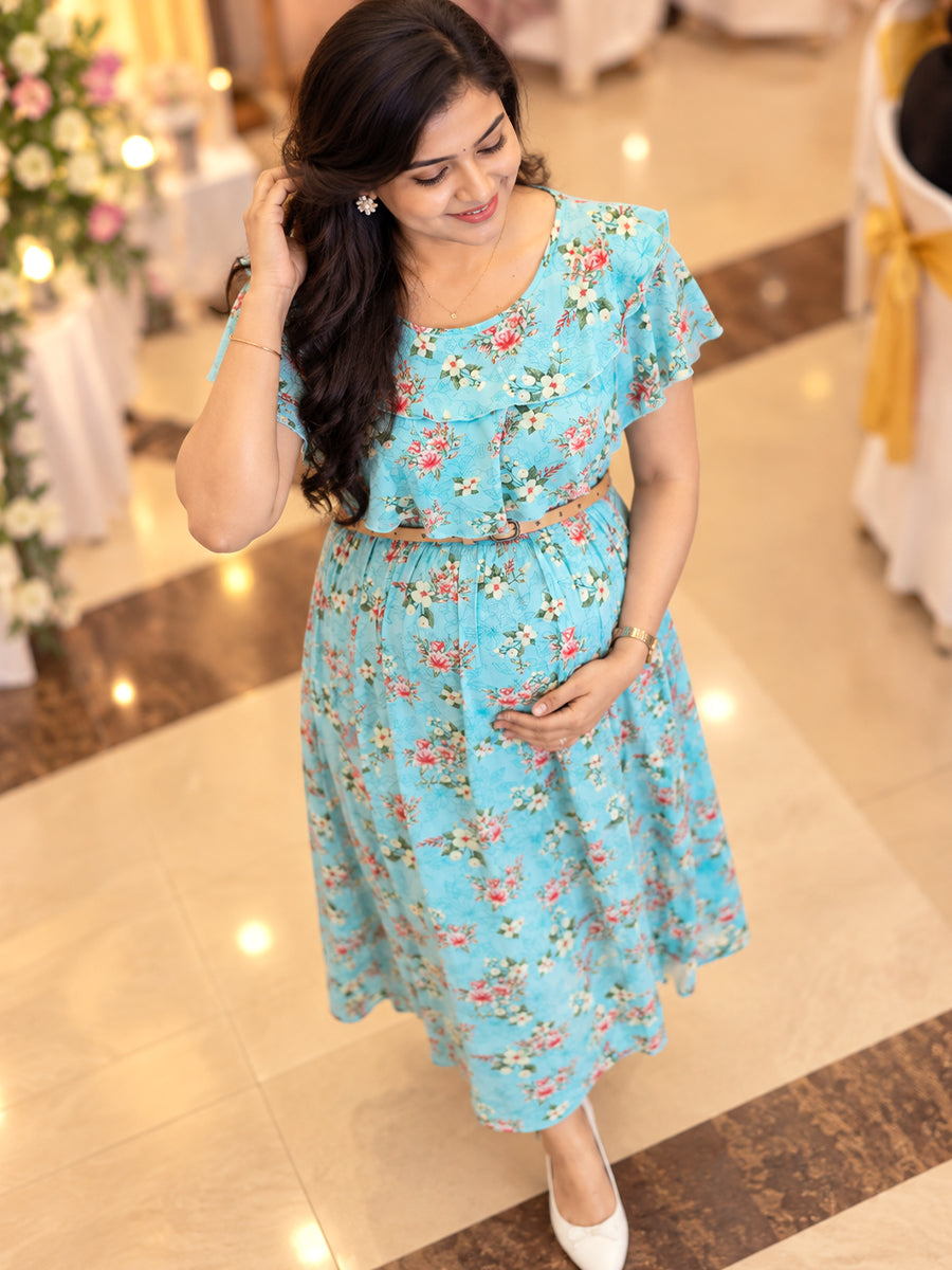Ziva Maternity & Feeding Ruffle Overlay Dress with Concealed Zips & Pockets | Soft Aqua Blue Floral